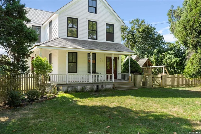 Cedars Farmhouse is a carefully restored, reimagined and expanded +/- 2400 Sq ft, 3 bed, 3 1/2 bath Farmhouse dating from the 1880s, set on a .75 acre bucolic lot & located on picturesque Albertson Ln in Greenport. Two majestic Cedar trees canopy over this sophisticated renovation, where a considered use of space and flow blends modern detailing & amenities with a balance of restored original features. The open kitchen w/ shiplap detail & cathedral ceiling leads to a mahogany deck w/ a side entrance to a shaded seating & kitchen area, restored barn & veggie garden. A laundry room w/ 1/2 bath gives further access to the garden & outdoor shower . A formal dining room, double living-room, den, & office/guest suite w/ensuite bath complete the 1st floor. A central staircase leads to the 2nd fl primary bedroom w/ large ensuite bath. 2 additional bedrooms share a family bath w/ a large bonus room on the 3rd fl. Beach inspired plantings & pathways. Pool permit in place . Completion end Mar 23